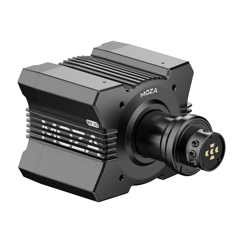 Schwarze Moza R9 V3 Direct-Drive-Lenkradbasis mit geripptem Gehäuse und Schnellspanner.