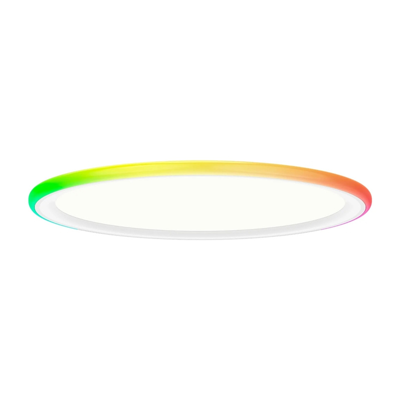 Lampada da soffitto rotonda con centro bianco e bordo luminoso arcobaleno su sfondo bianco.