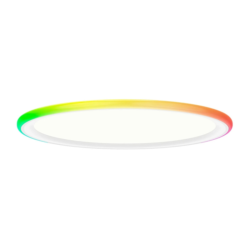 Una plafoniera piatta e rotonda con centro bianco e bordo colorato arcobaleno su sfondo bianco.
