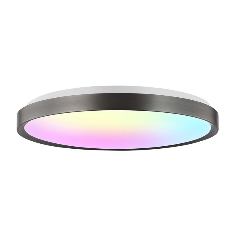 Plafoniera LED rotonda con cornice grigia scura e superficie multicolore luminosa su sfondo bianco.