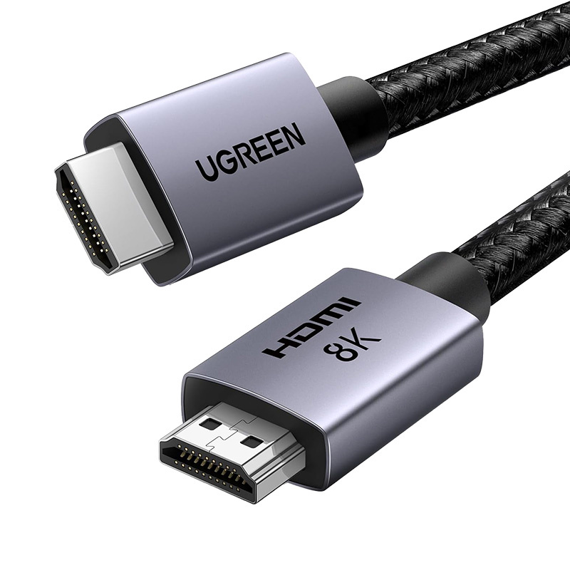 Due cavi HDMI 8K Ugreen con connettori grigi metallici e cavo intrecciato nero su sfondo bianco.