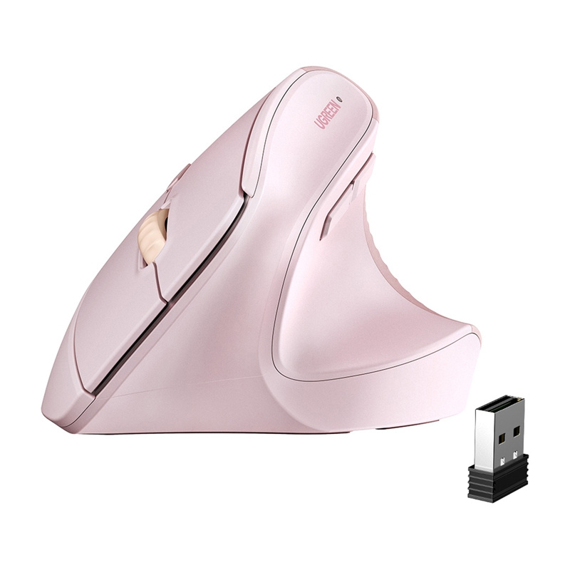 Un mouse verticale ergonomico rosa Ugreen con un piccolo ricevitore USB su sfondo bianco.