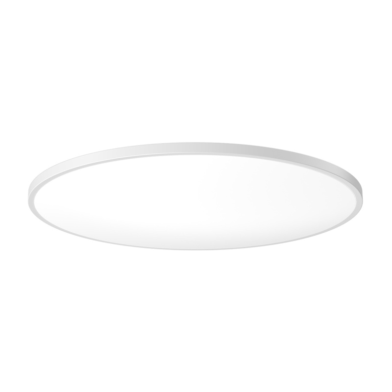 Una plafoniera LED bianca, rotonda, piatta e minimalista su sfondo bianco.
