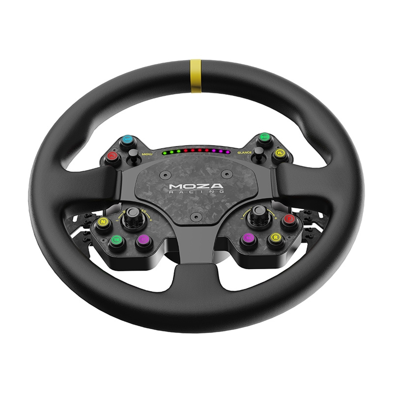 Volante nero Moza Racing con pulsanti colorati, manopole e indicatori LED su fibra di carbonio.