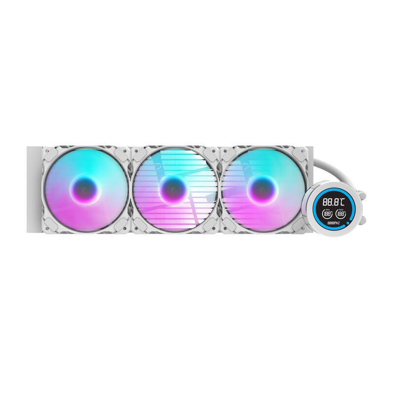 Dissipatore a liquido bianco con tre ventole RGB e display.