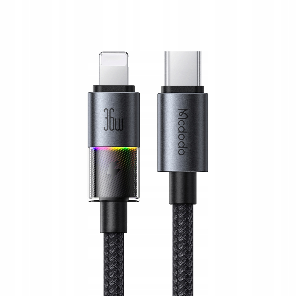 Un cavo di ricarica intrecciato grigio con connettori USB-C e Lightning.