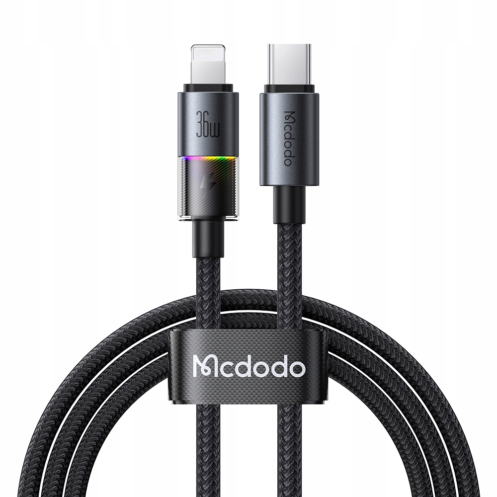 Un cavo nero Mcdodo USB-C a Lightning con connettori in metallo grigio e un organizzatore.