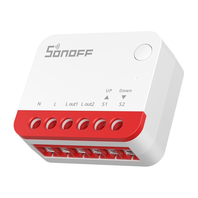 Modulo smart switch Sonoff bianco con morsettiera rossa, sei porte etichettate e un pulsante.