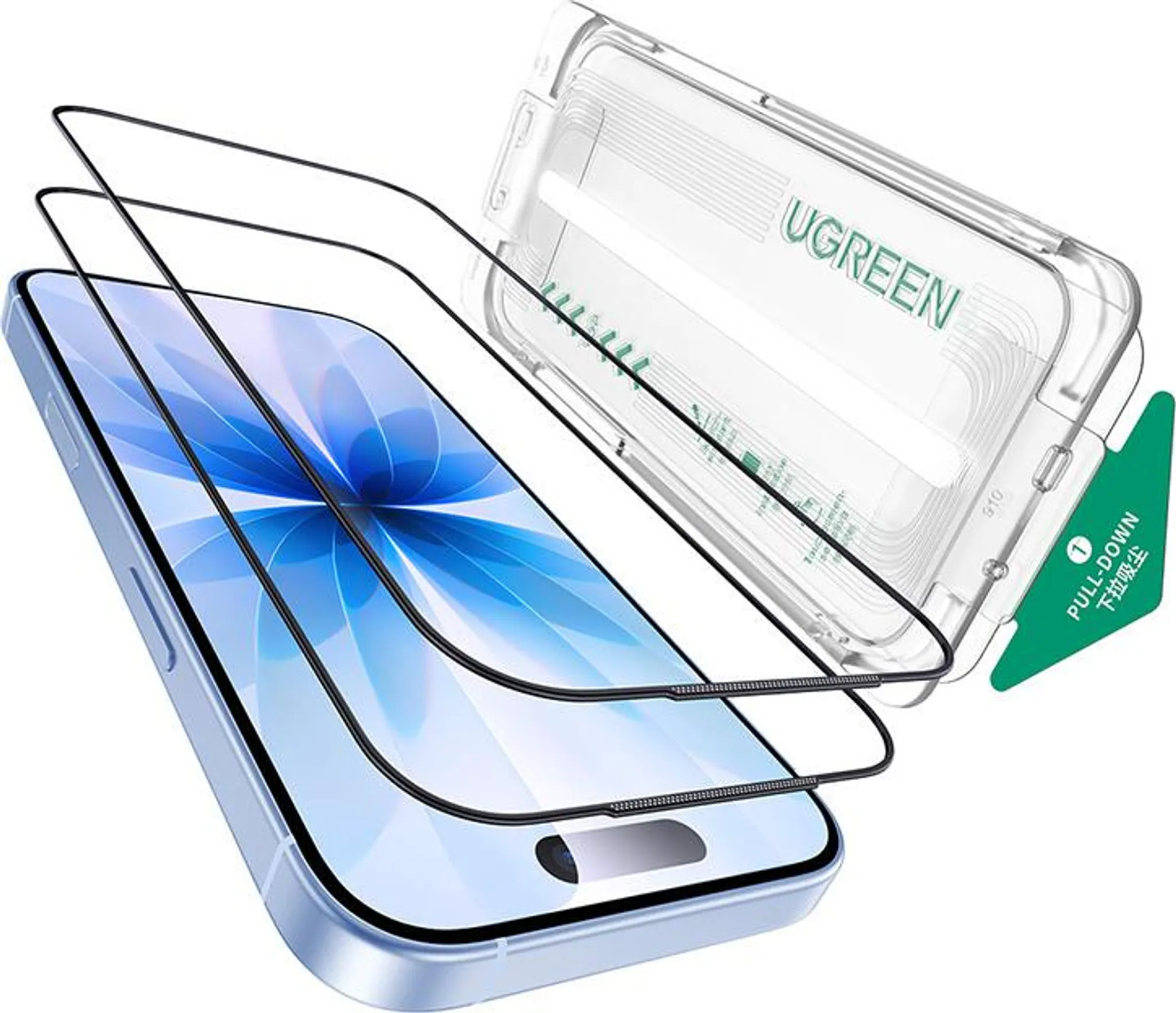 Uno smartphone e due pellicole protettive con una cornice di installazione Ugreen su sfondo bianco.