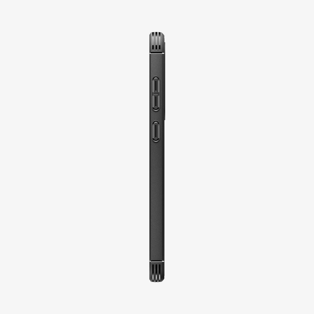 Vista laterale di uno smartphone nero con tasti volume su sfondo chiaro.