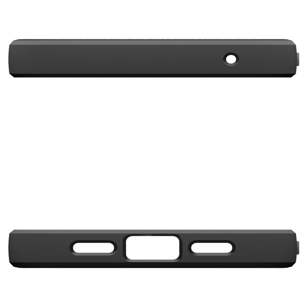 Viste superiore e inferiore di una custodia nera per telefono con aperture per porte e fotocamera.