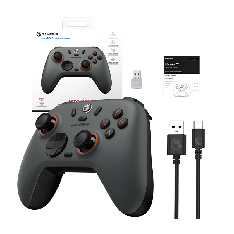 Grauer GameSir Wireless Controller mit Verpackung, USB-Empfänger, Anleitung und Ladekabel auf weißem Hintergrund.