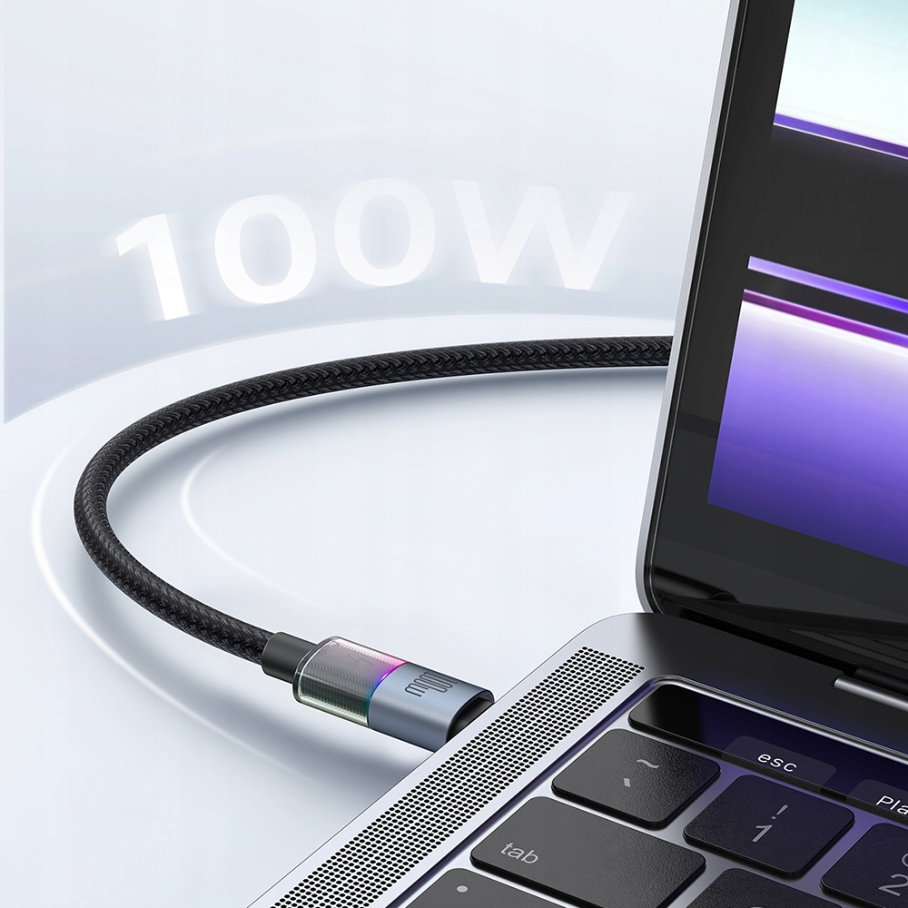 Gümüş renkli bir dizüstü bilgisayarın yan tarafına siyah 100W USB kablosu takılı.