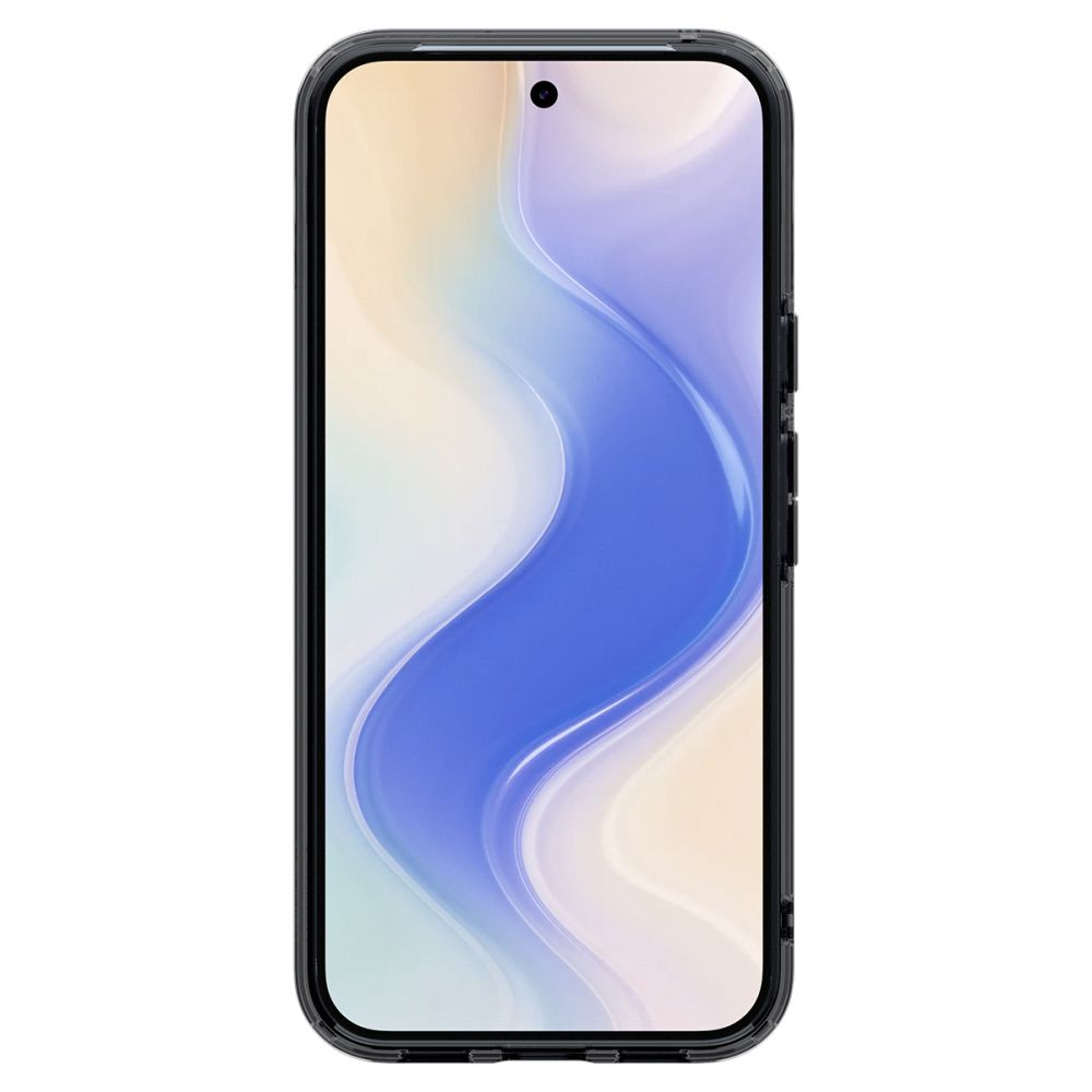 Uno smartphone in una custodia nera mostra uno sfondo astratto a onde blu e crema.