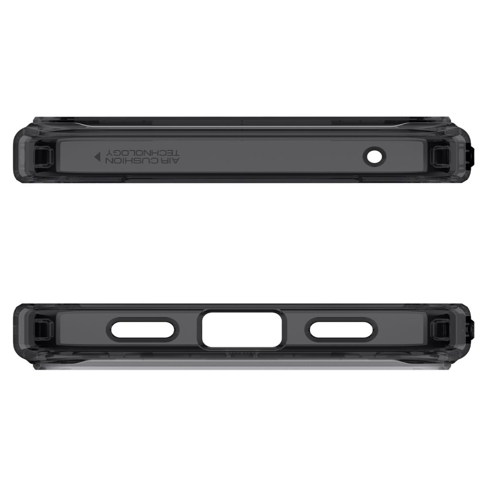 Vista superiore e inferiore di una cover nera per smartphone con aperture e tecnologia Air Cushion.