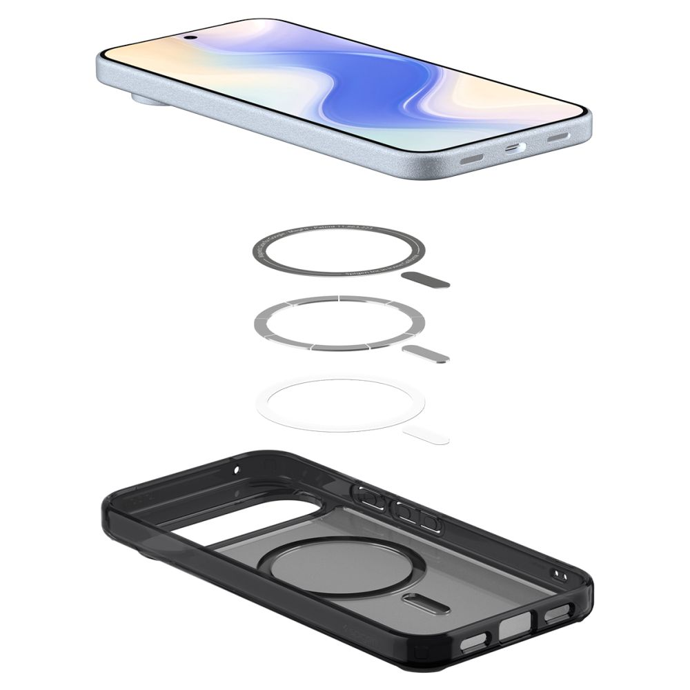 Vista esplosa di uno smartphone, anelli magnetici e una custodia protettiva nera.