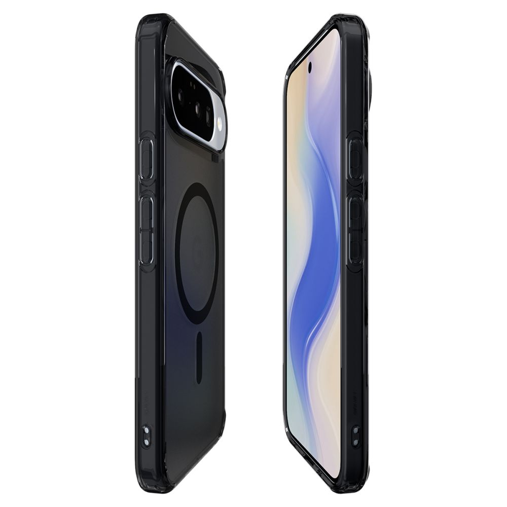 Due viste di uno smartphone in cover trasparente nera, che mostra retro e schermo anteriore.