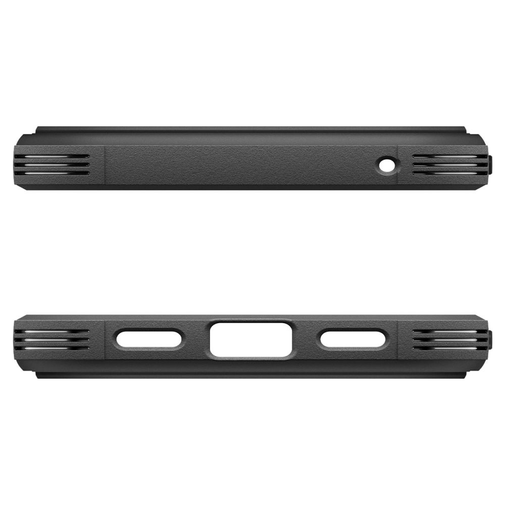 Vistas superior e inferior de una funda de teléfono negra con rejillas de altavoz y puertos.