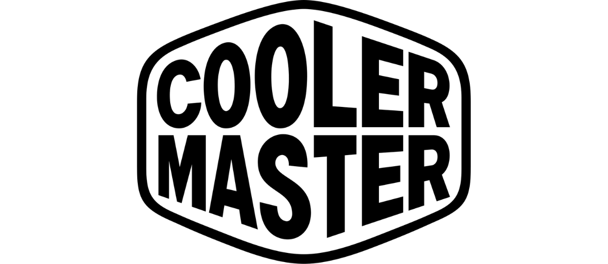 Das Cooler Master Logo zeigt fetten schwarzen Text in einem weißen Sechseck mit dickem schwarzem Rand auf weißem Grund.