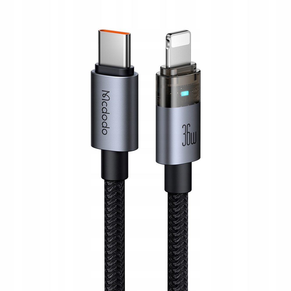 Beyaz arkaplanda USB-C ve Lightning konnektörlü iki örgülü şarj kablosu.