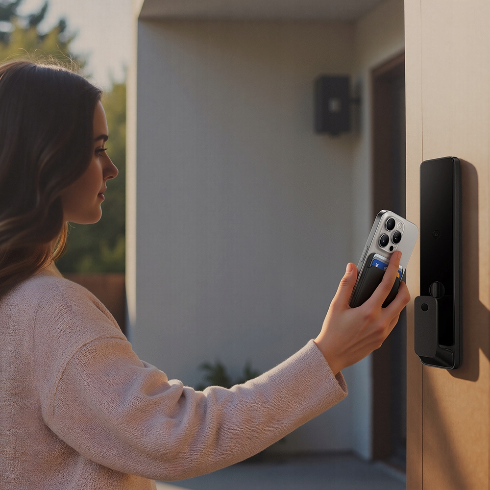 Eine Frau in einem beigen Pullover entsperrt eine Tür, indem sie ihr Smartphone an ein elektronisches Türschloss hält.