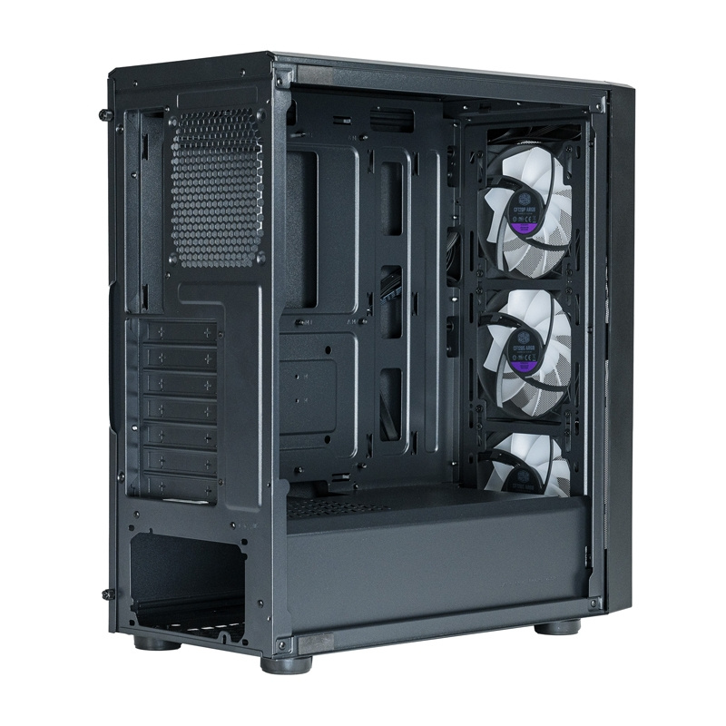 Ein schwarzes PC-Gehäuse mit offenem Seitenpanel zeigt drei vormontierte Lüfter an der Vorderseite.