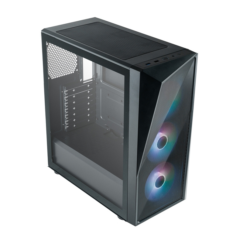 Ein schwarzes PC-Gehäuse mit Glasseite und zwei beleuchteten Lüftern an der Vorderseite.