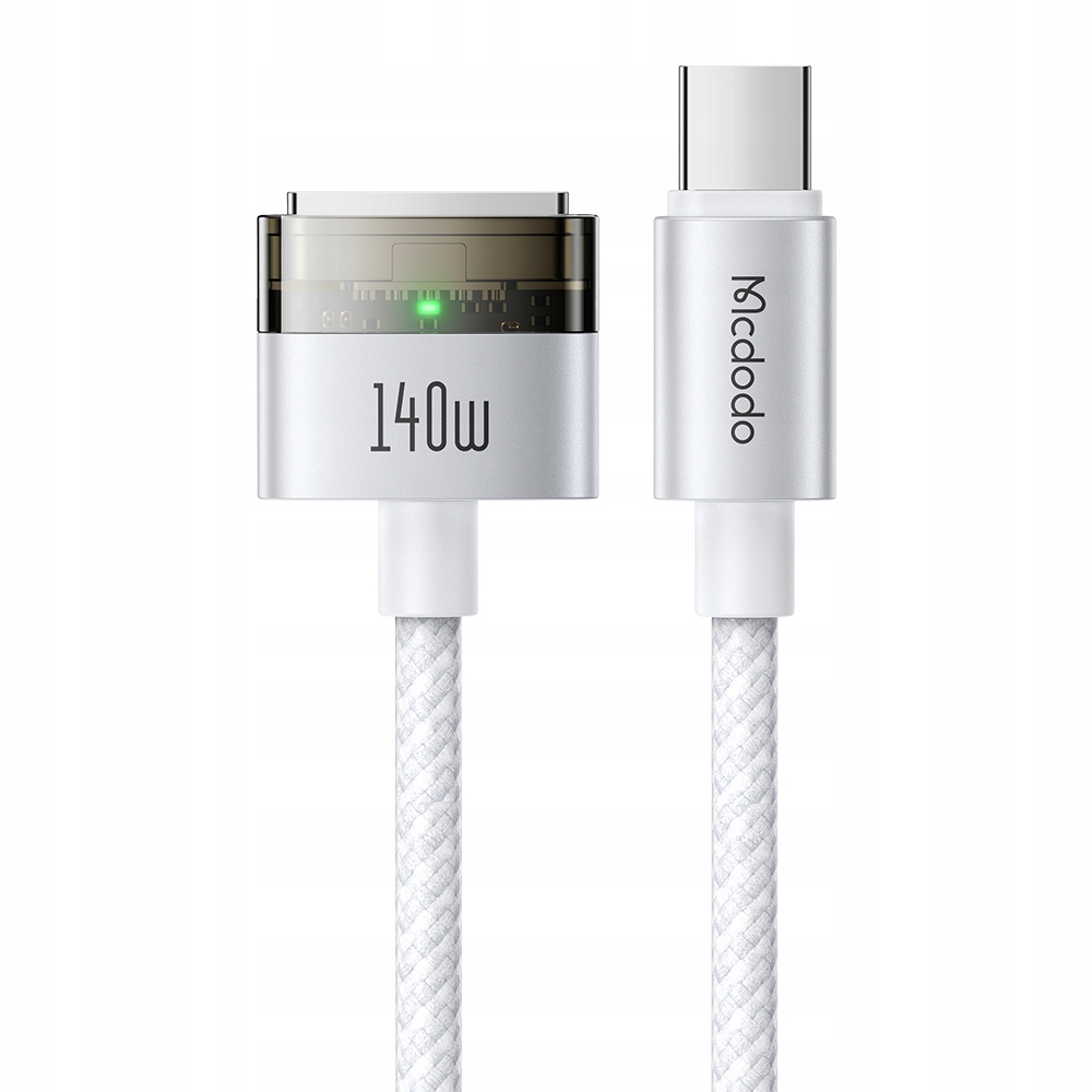 140W gücünde ve beyaz örgülü kabloya sahip Mcdodo USB-C - MagSafe 3 şarj kablosu.