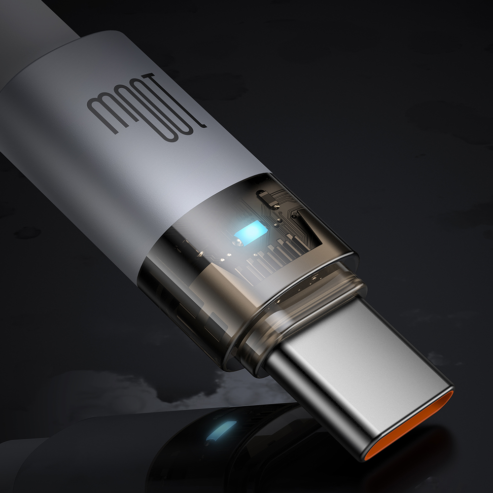 Devreleri ve mavi ışığı gösteren şeffaf gövdeye sahip gri bir USB-C kablosu.