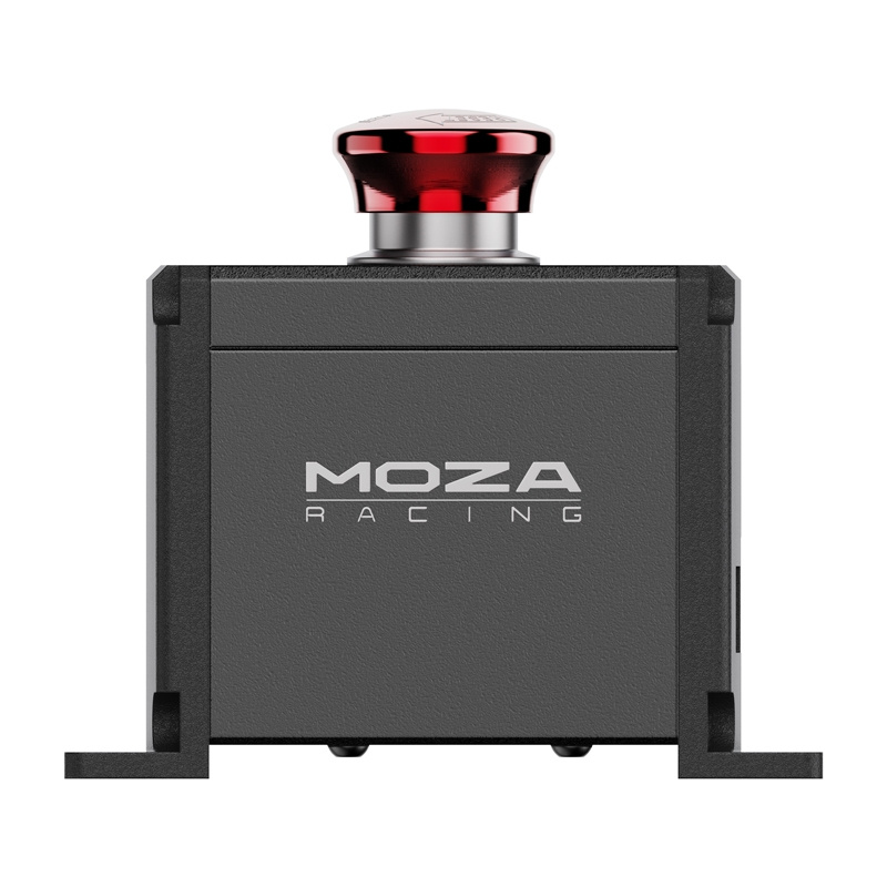 Un boîtier de boutons Moza Racing noir avec un bouton d'arrêt d'urgence rouge sur fond blanc.