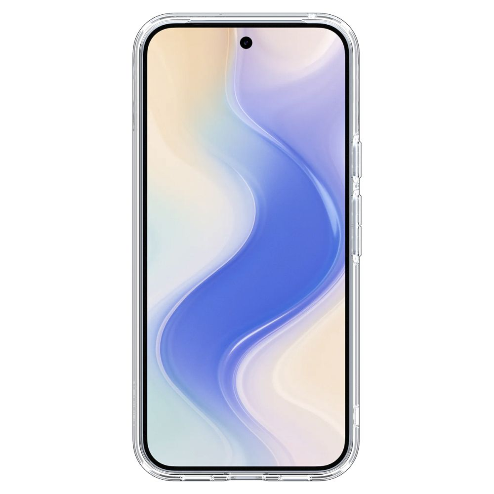 Smartfon w przezroczystym etui ochronnym z ekranem o abstrakcyjnym wzorze.