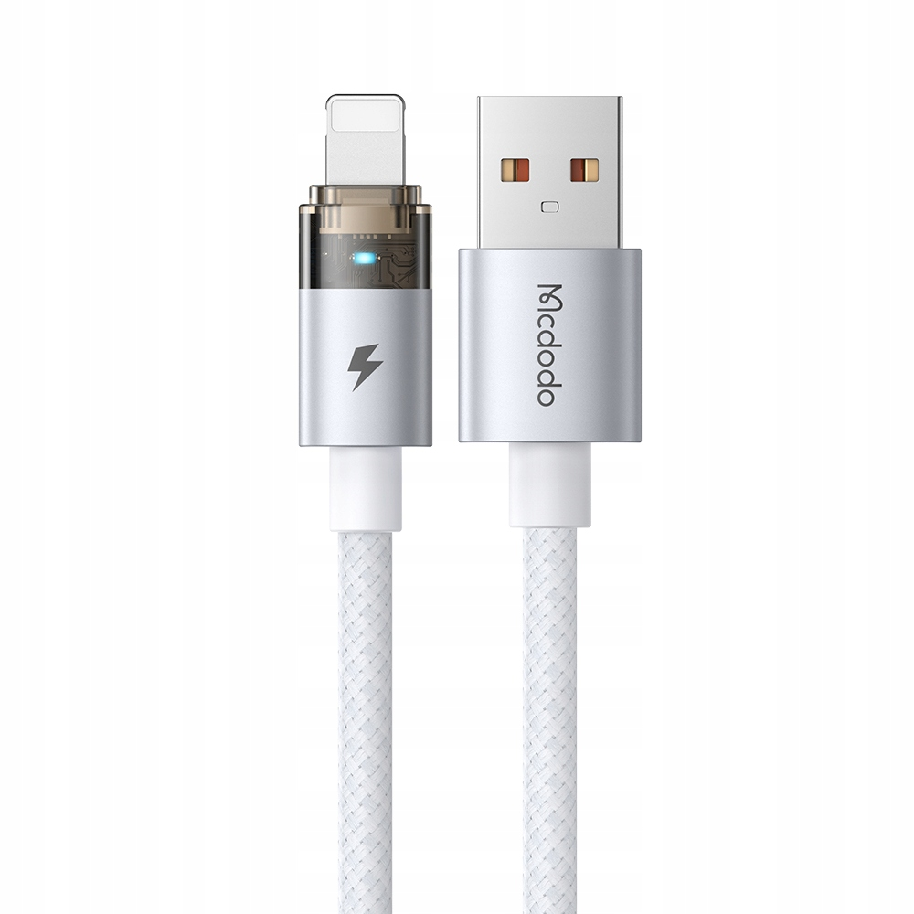 USB-A ve Lightning konektörlerine sahip beyaz, örgülü şarj kablosu.