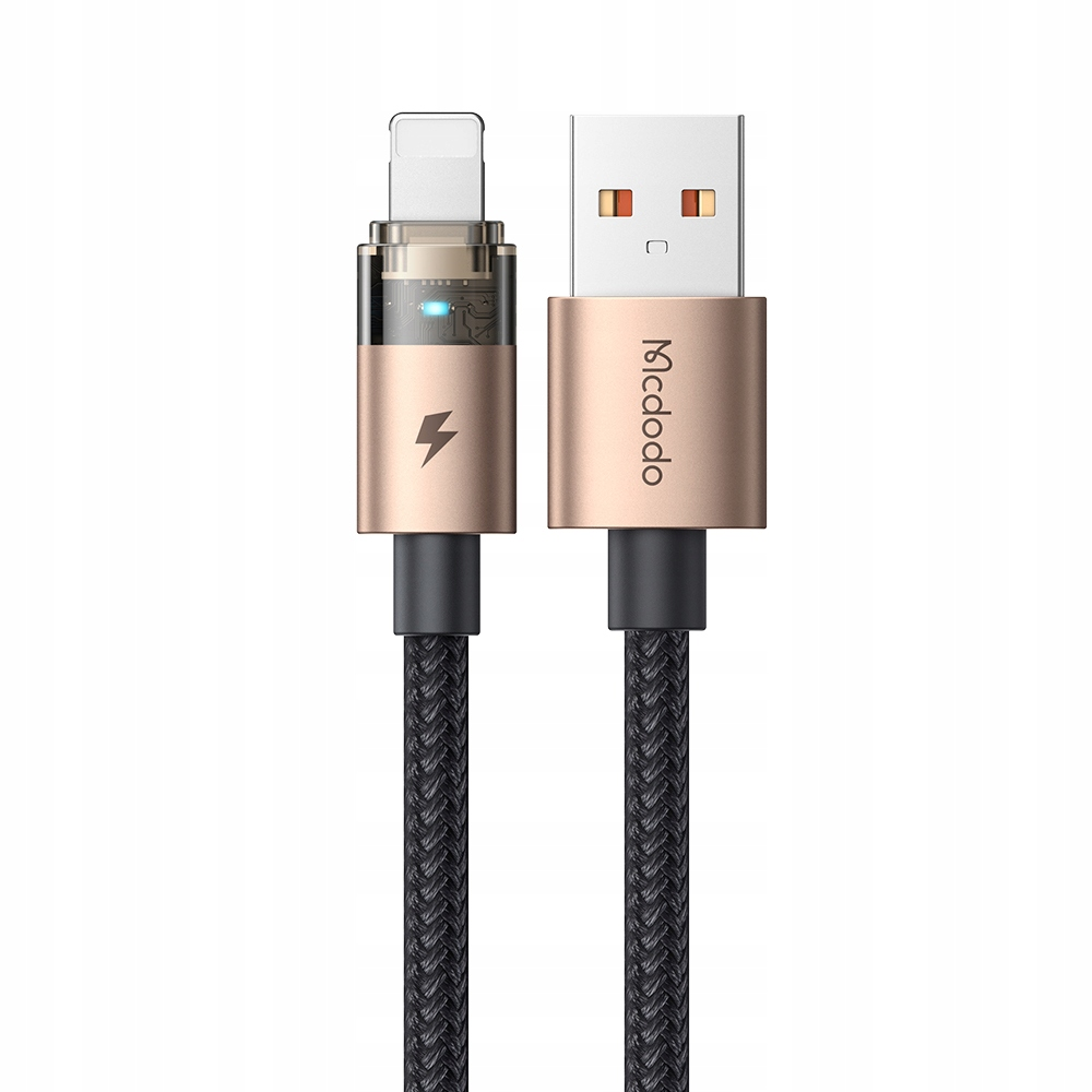Lightning ve USB konektörlerine, altın rengi muhafazalara ve şarj göstergesine sahip örgü USB kablosu.