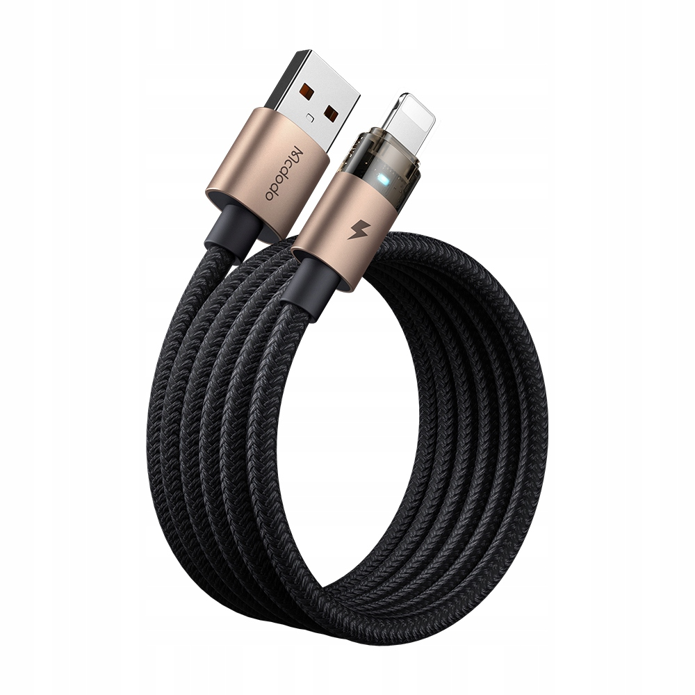 Beyaz arka planda altın renkli konektörlere sahip sarılı siyah USB kablosu.
