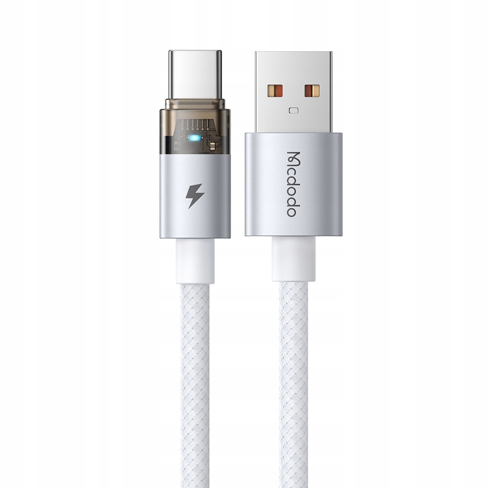 Beyaz örgülü kordonlu ve beyaz arka planda Mcdodo logolu gümüş renkli USB-C ve USB-A kablosu.