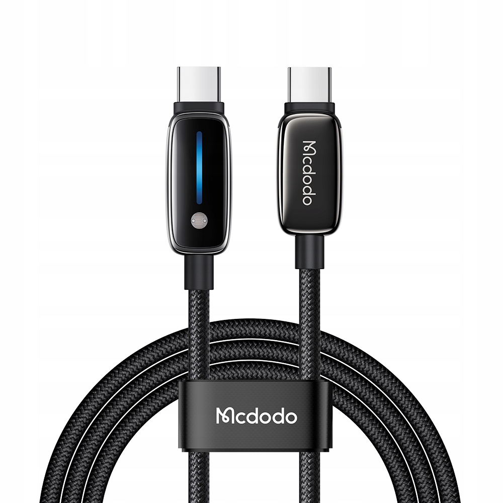 Beyaz arka planda metal konnektörlü ve mavi LED göstergeli iki siyah USB-C kablosu.