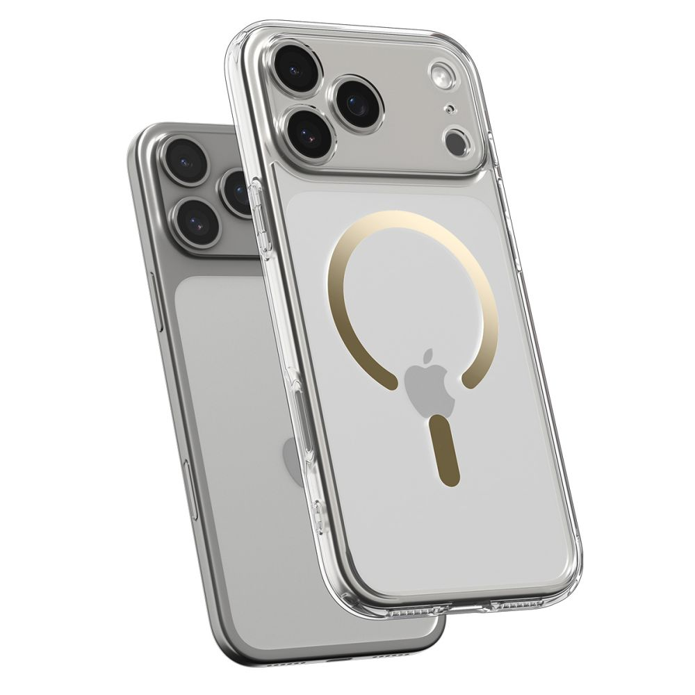 Due smartphone grigi in cover trasparenti con anello MagSafe dorato su sfondo bianco.