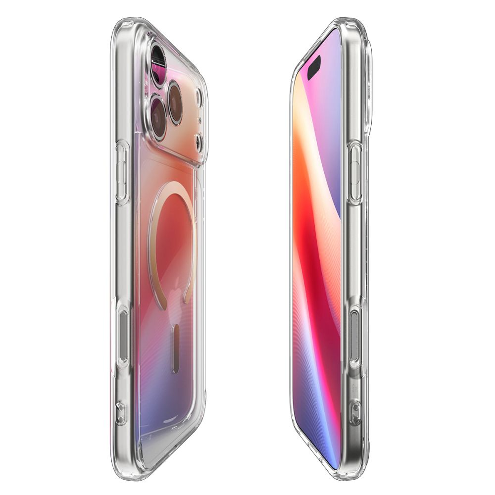 Due viste di uno smartphone in una cover trasparente, con anello magnetico sul retro e schermo acceso sul fronte.