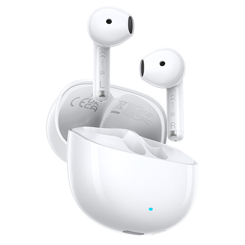 Auricolari wireless bianchi con custodia di ricarica su sfondo bianco.
