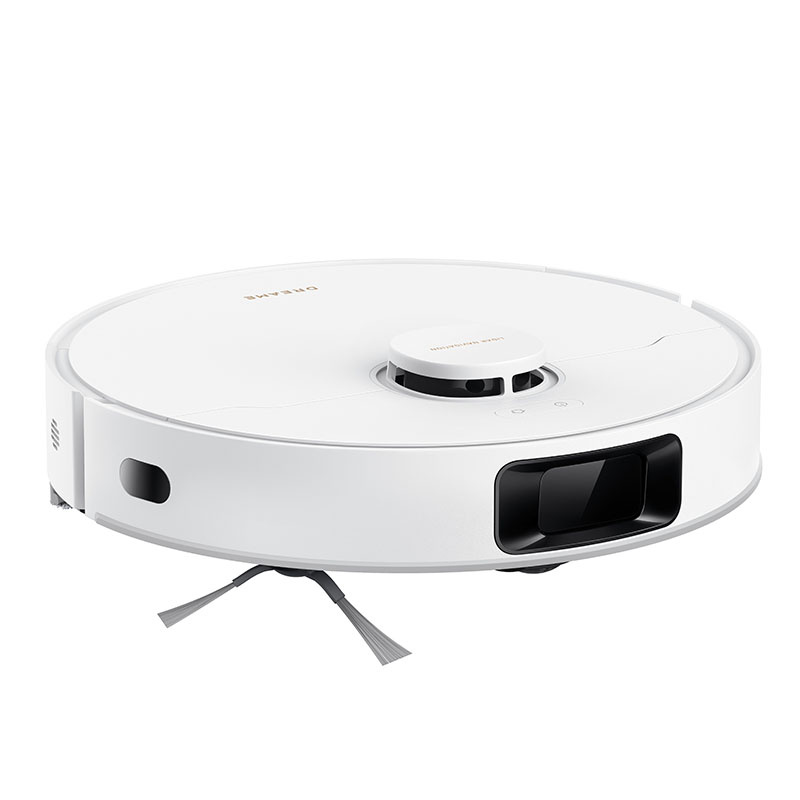 Un robot aspirapolvere bianco con navigazione LiDAR e una spazzola laterale su sfondo bianco.