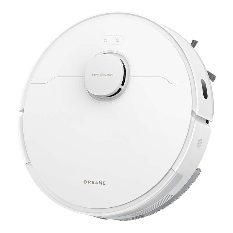 Un robot aspirapolvere Dreame bianco con navigazione LIDAR su sfondo bianco.
