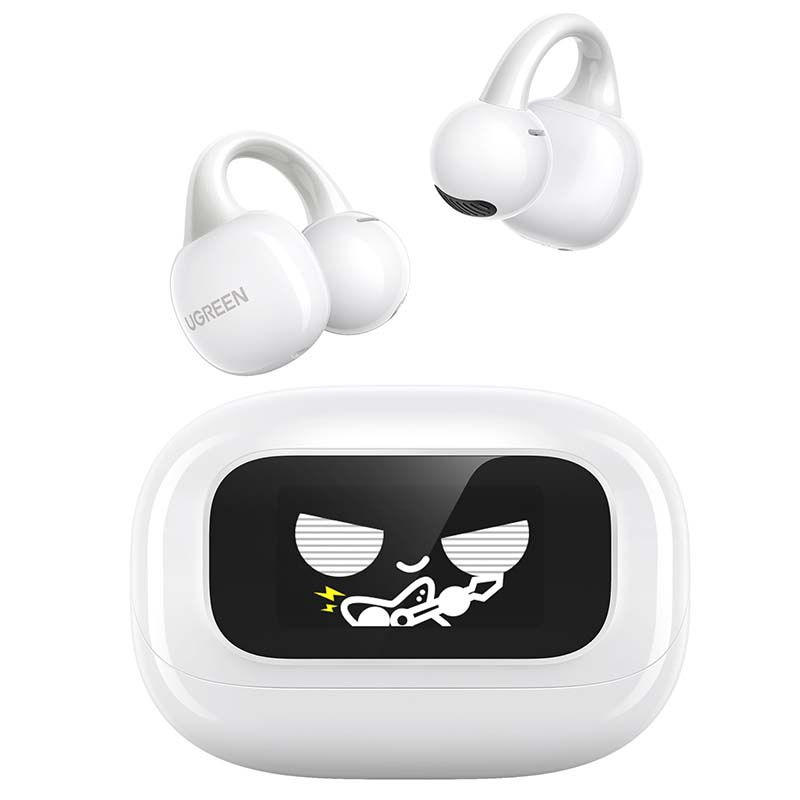 Auricolari open-ear bianchi UGREEN sopra e custodia di carica con display a cartoni animati sotto.