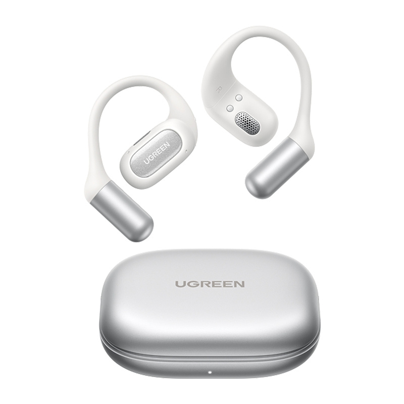 Auricolari open-ear Ugreen bianchi e argentati con custodia di carica coordinata su sfondo bianco.