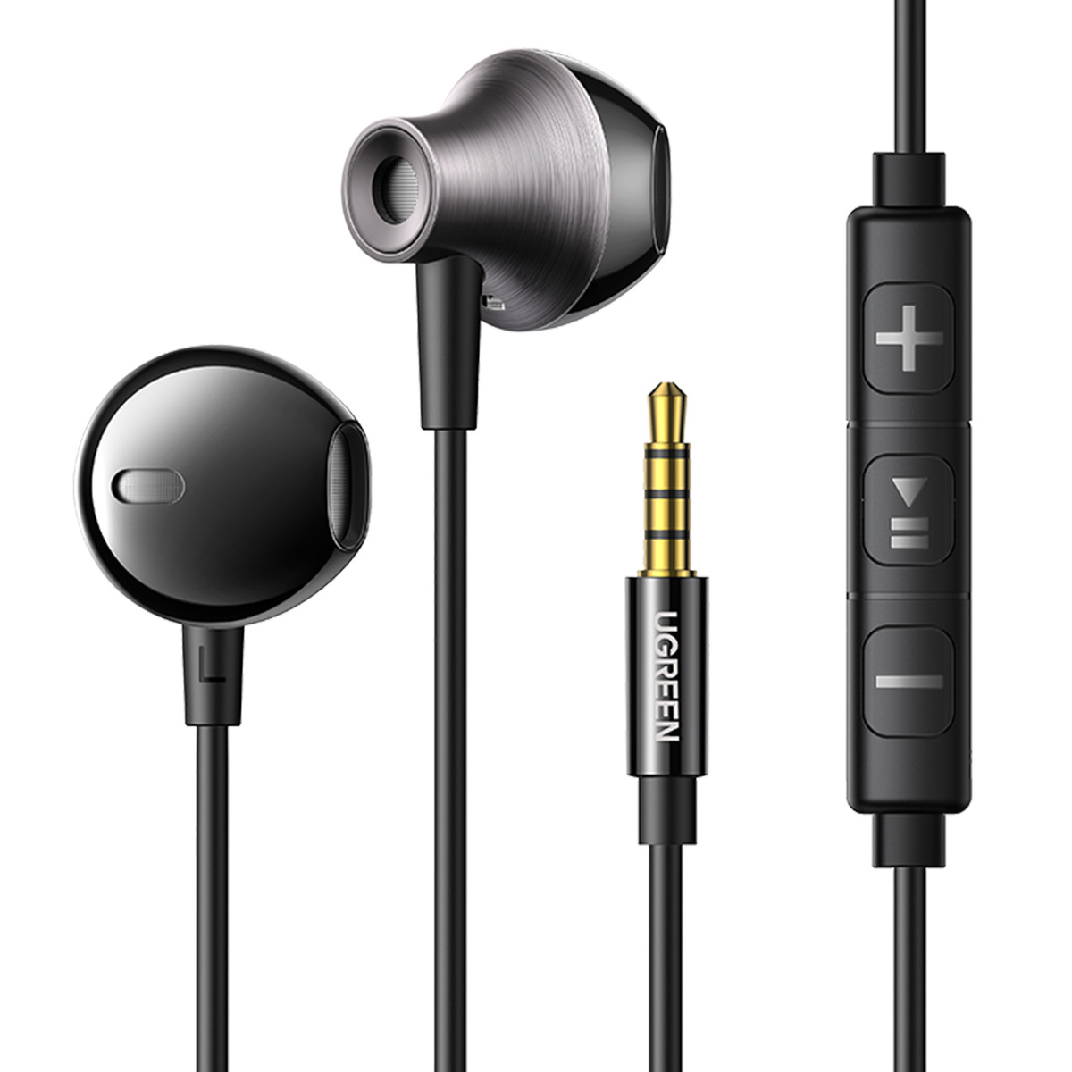 Cuffie in-ear nere con microfono, controllo volume e jack audio placcato oro da 3,5 mm.