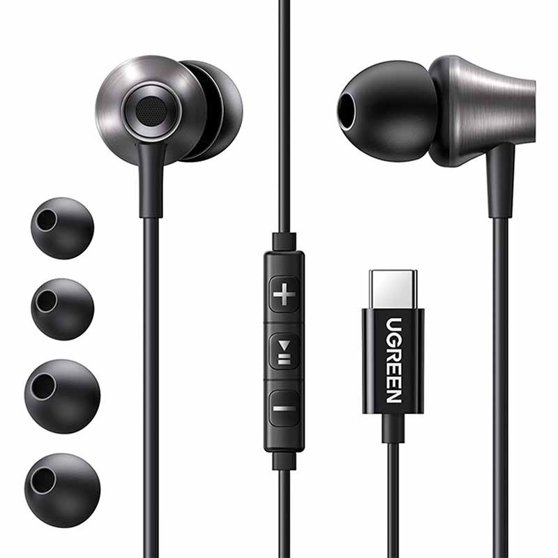 Auricolari con filo neri e metallici con connettore USB-C, controllo in linea e cuscinetti.
