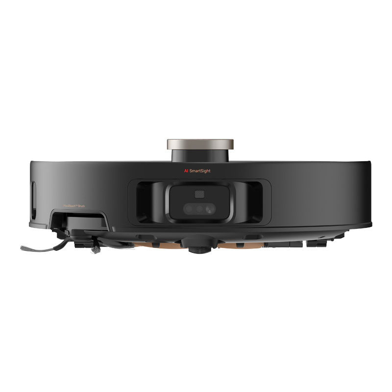 Vista frontale di un robot aspirapolvere nero con telecamera AI SmartSight e spazzole.