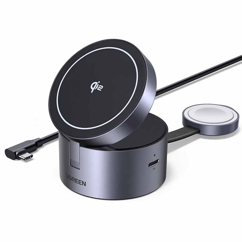 Szary stojak do ładowania bezprzewodowego UGREEN 2 w 1 z logo Qi2, kablem USB-C i ładowarką do zegarka.