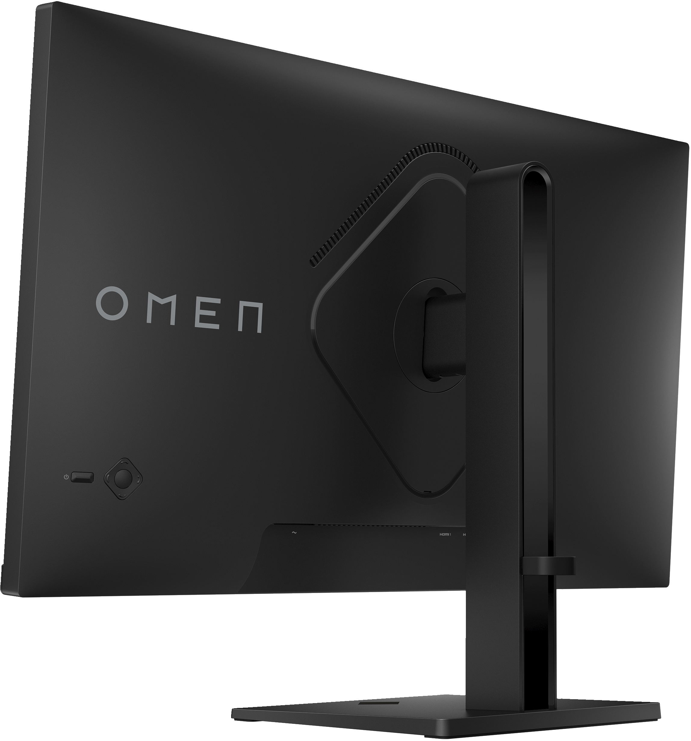 Vista posteriore di un monitor per computer Omen nero con supporto su sfondo bianco.