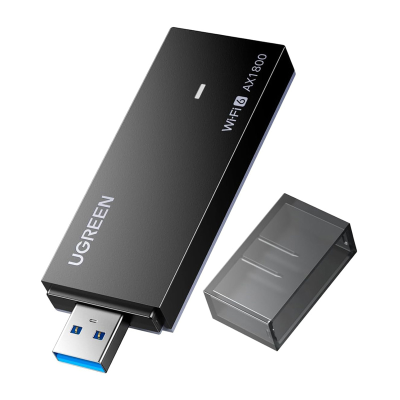 Czarny adapter USB Ugreen Wi-Fi 6 AX1800 z odłączaną nasadką na białym tle.