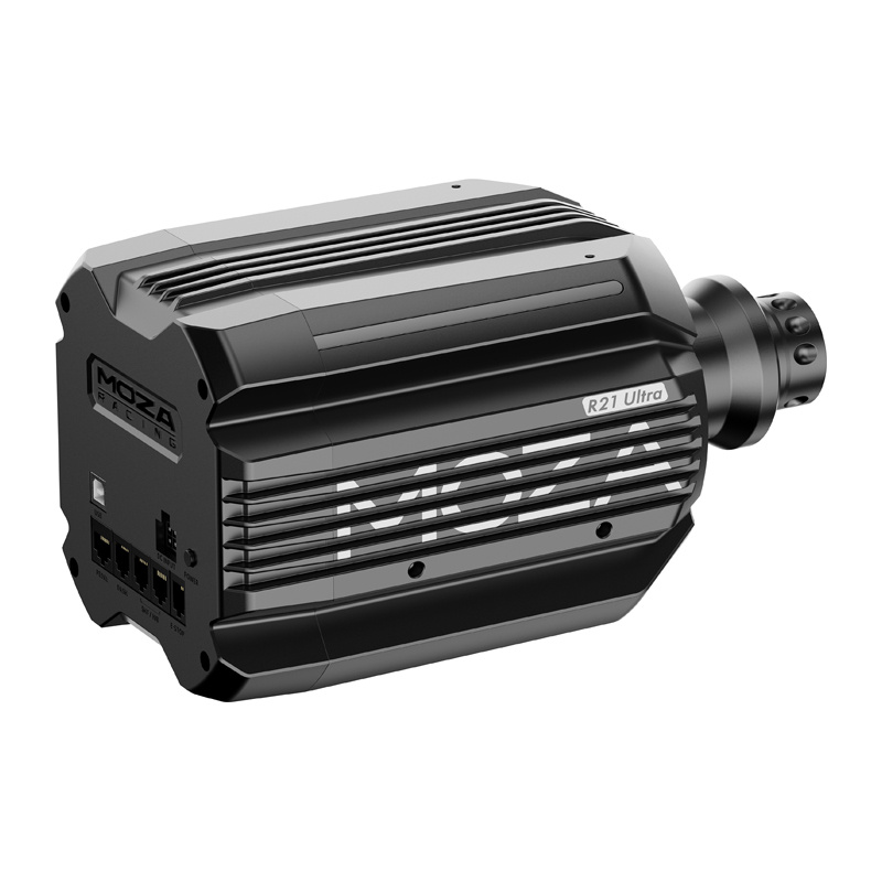 Base del volante a presa diretta MOZA R21 Ultra nera con porte integrate su sfondo bianco.